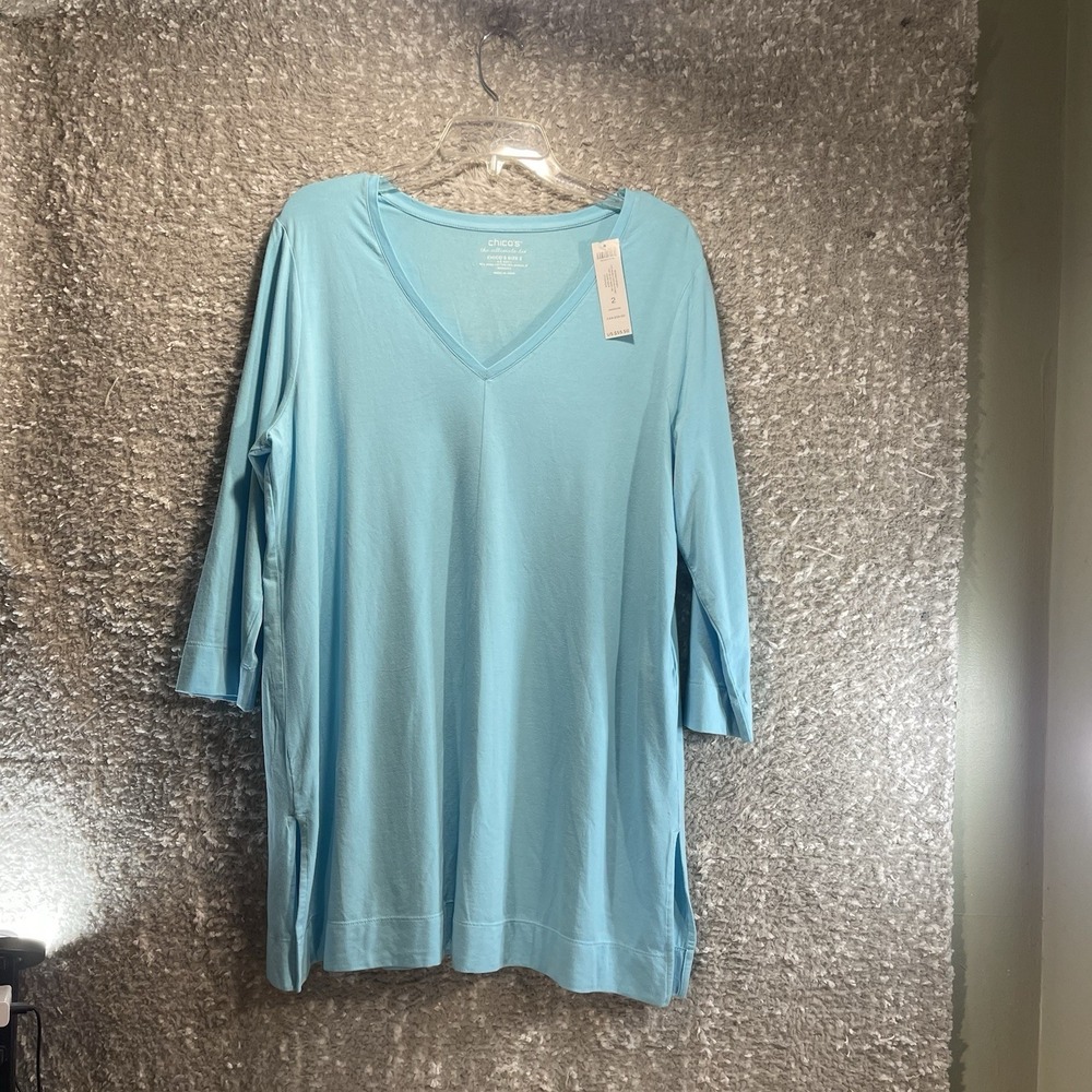 Chicos The Ultimate Tee 3/4 Sleeve Tunic Top 2, L Blue Soft Relax Bohemian NWT